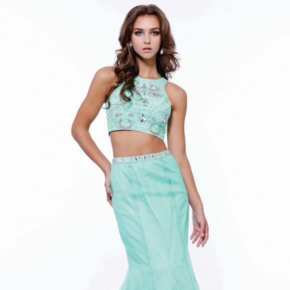 NEW LONG SHEATH TWO PIECES SLEEVELESS DRESS EMBROIDERED WITH RHINESTONES NX 8156 - Picture 3 of 8